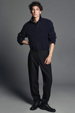 CABLE-KNIT PURE CASHMERE POLO SWEATER — NAVY 9