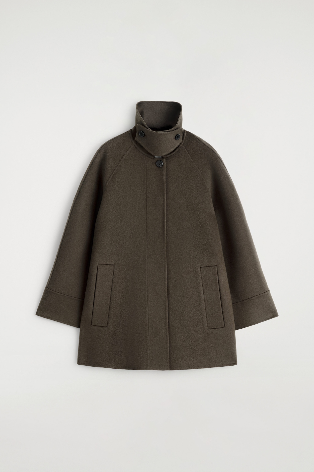MOCK-NECK DOUBLE-FACED WOOL SHORT COAT — BROWN