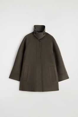 MOCK-NECK DOUBLE-FACED WOOL SHORT COAT — BROWN 8