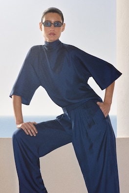 DRAPED PLEATED SILK STRAIGHT-LEG PANTS — NAVY 6
