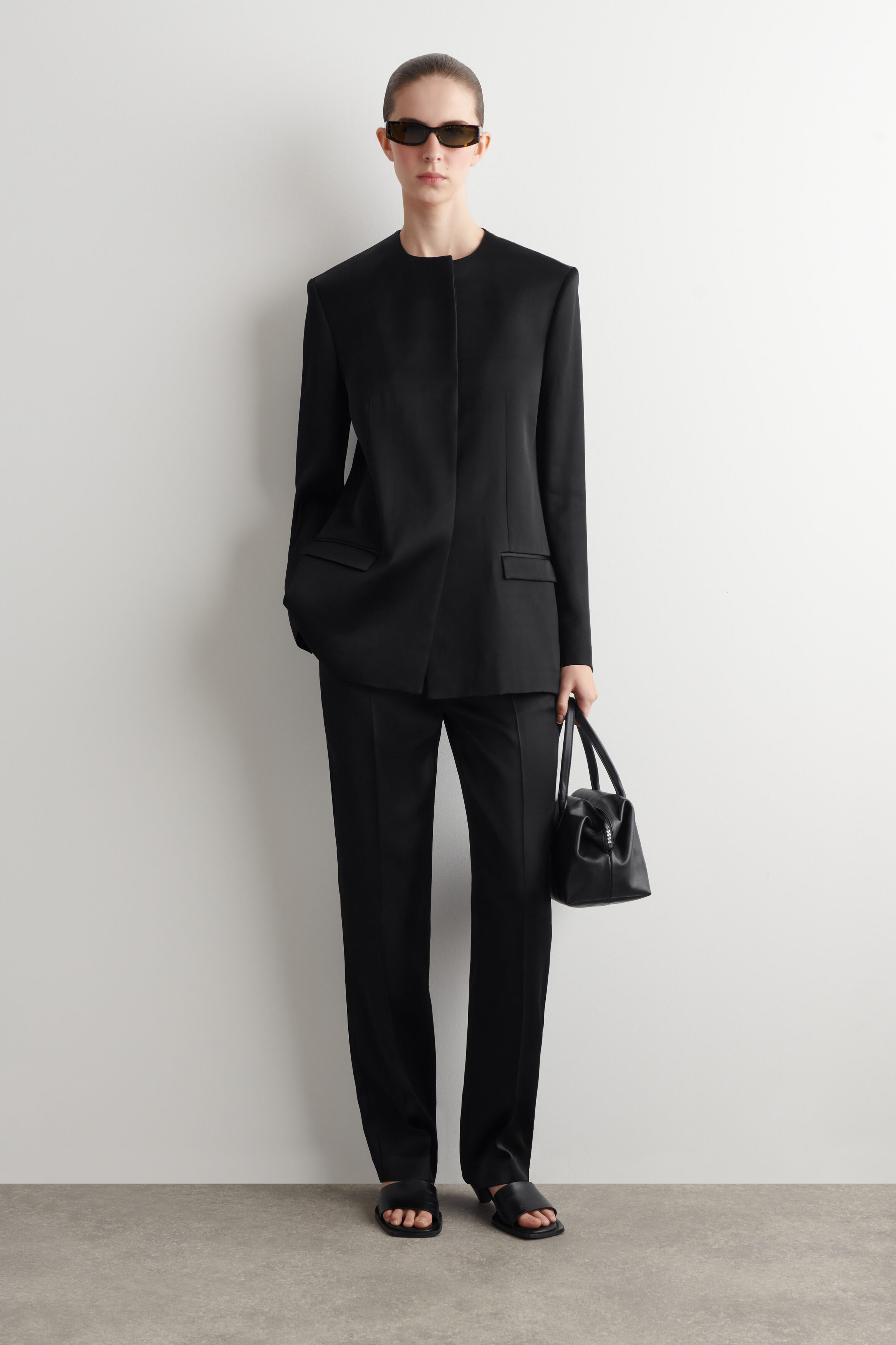 STRUCTURED COLLARLESS SATIN BLAZER - BLACK | COS US