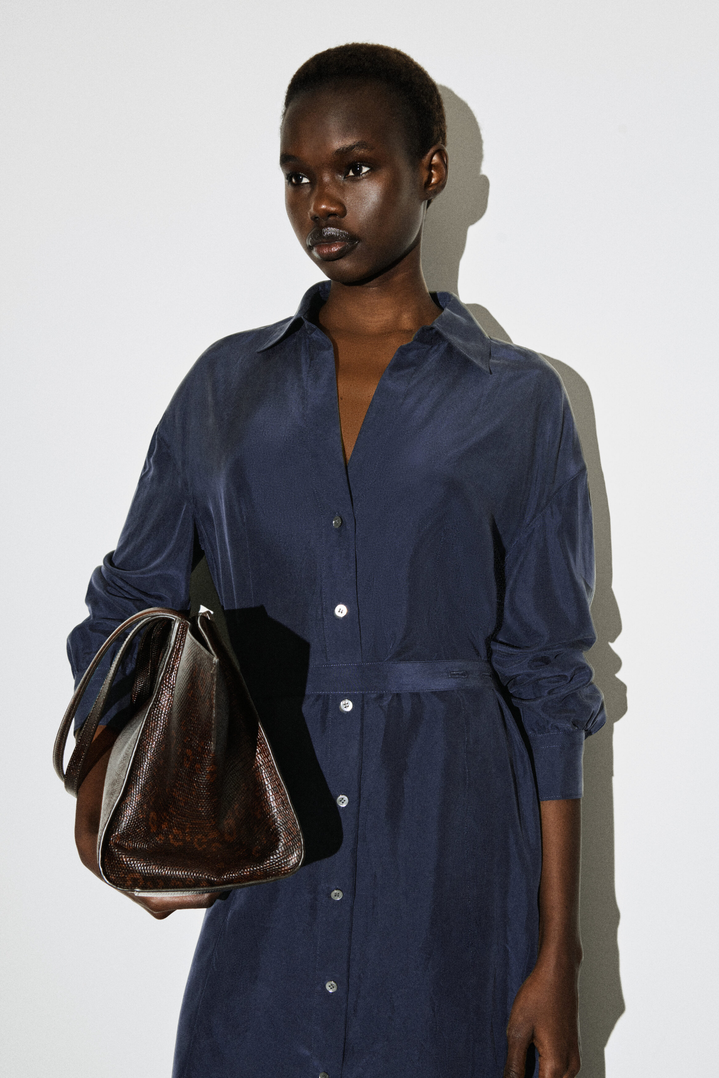 GATHERED CRINKLED-SILK MIDI SHIRT DRESS - NAVY | COS