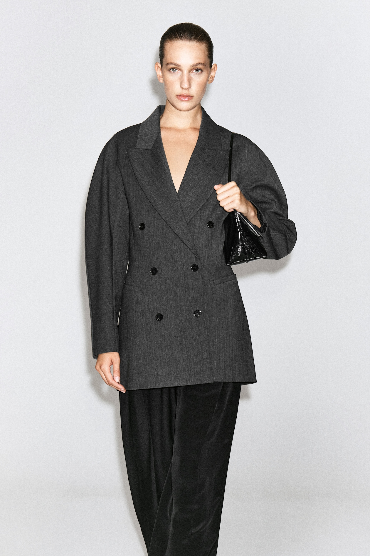 SCULPTED DOUBLE-BREASTED LONG-LINE BLAZER — GRAY MÉLANGE