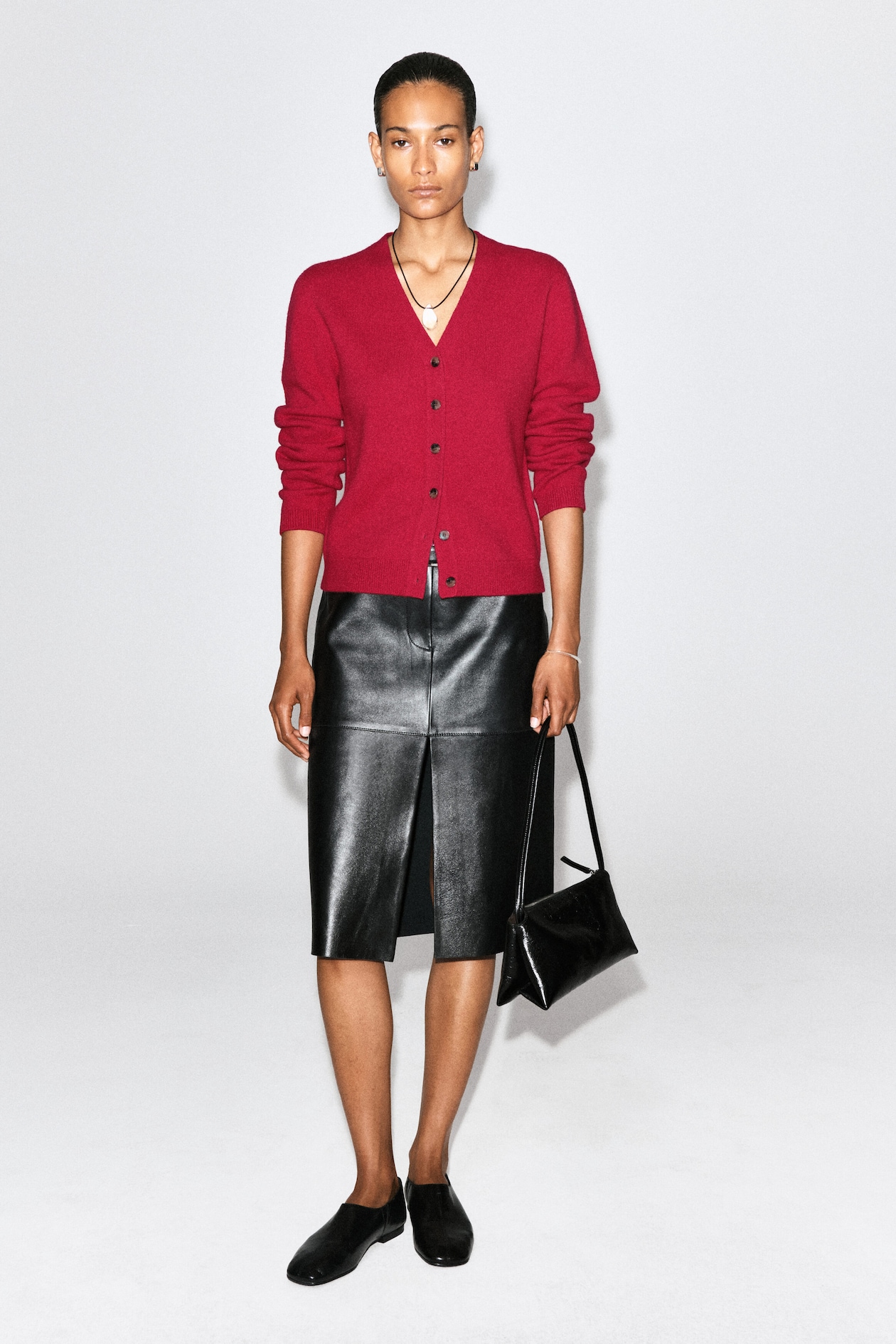 MERINO WOOL V-NECK CARDIGAN — RED