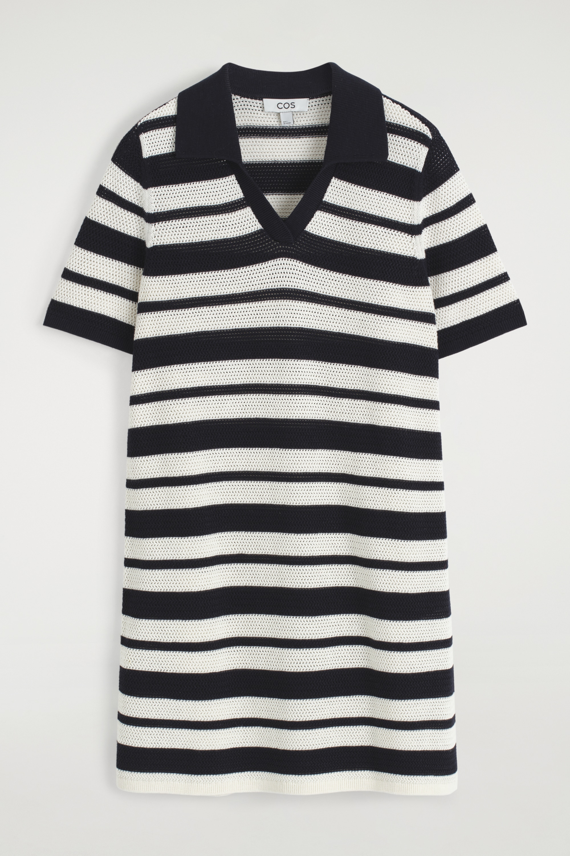 VESTIDO MINI POLO EM MALHA ABERTA - Branco / Riscado