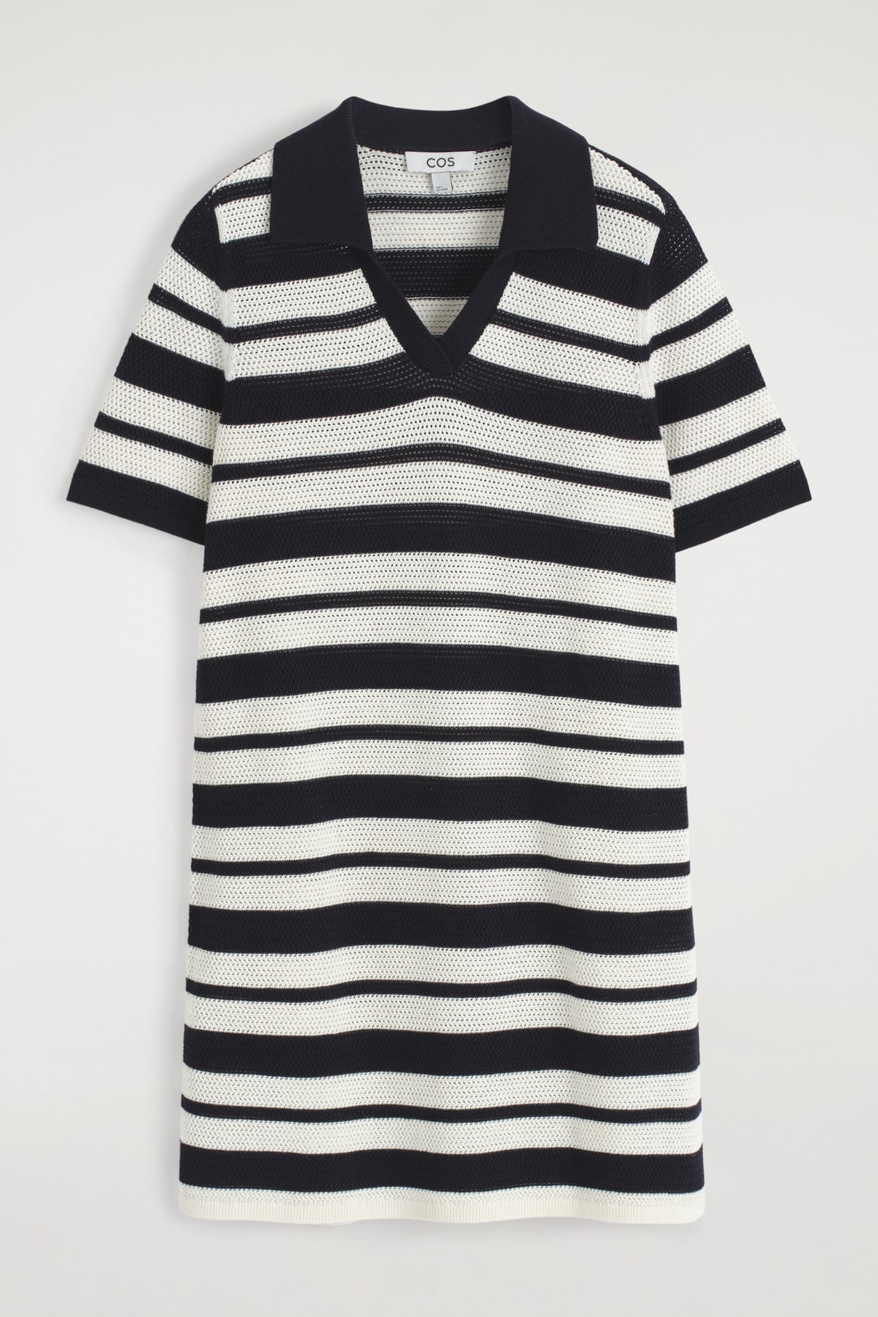 OPEN-KNIT POLO MINI DRESS — WHITE / STRIPED
