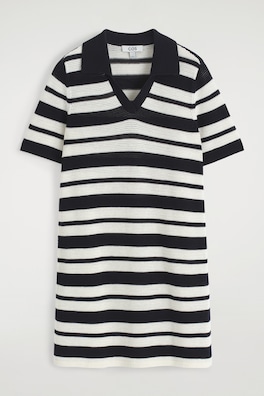 OPEN-KNIT POLO MINI DRESS — WHITE / STRIPED 2