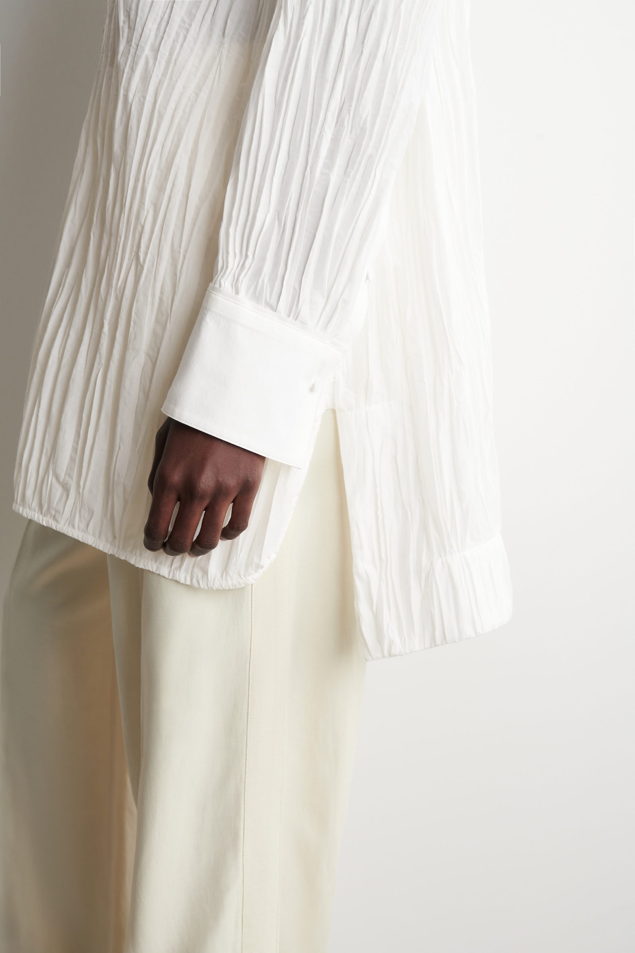 BIB-FRONT CRINKLED-COTTON SHIRT — WHITE