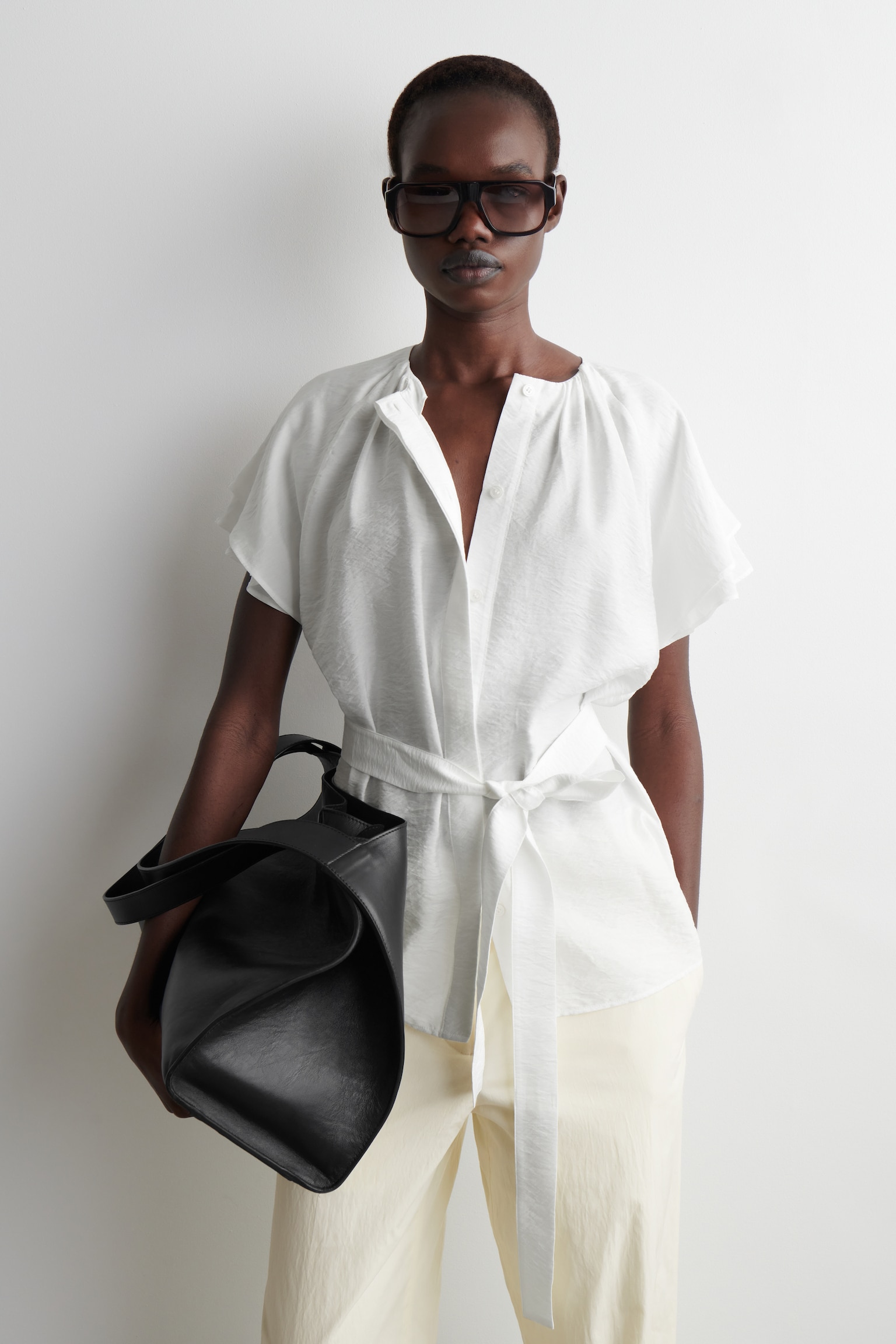 BLUSA A STRATI CON CINTURA - BIANCO/AZZURRO - 1