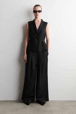 SHAWL-COLLAR BELTED LINEN-BLEND WAISTCOAT — BLACK 2