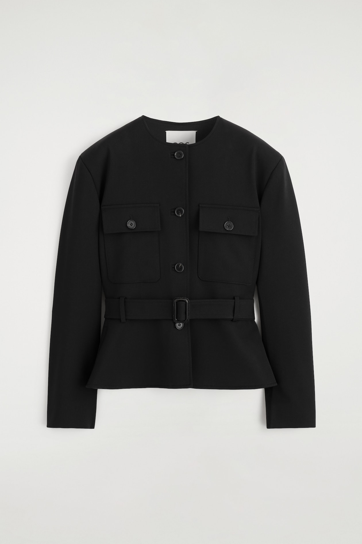 BELTED PEPLUM JACKET — BLACK