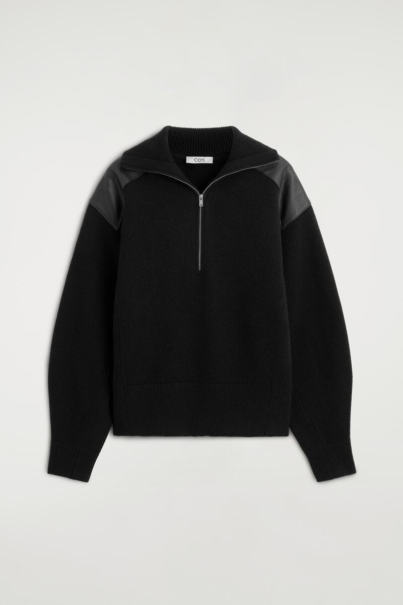 Leather-Patch Merino Wool Zip-Up Sweater