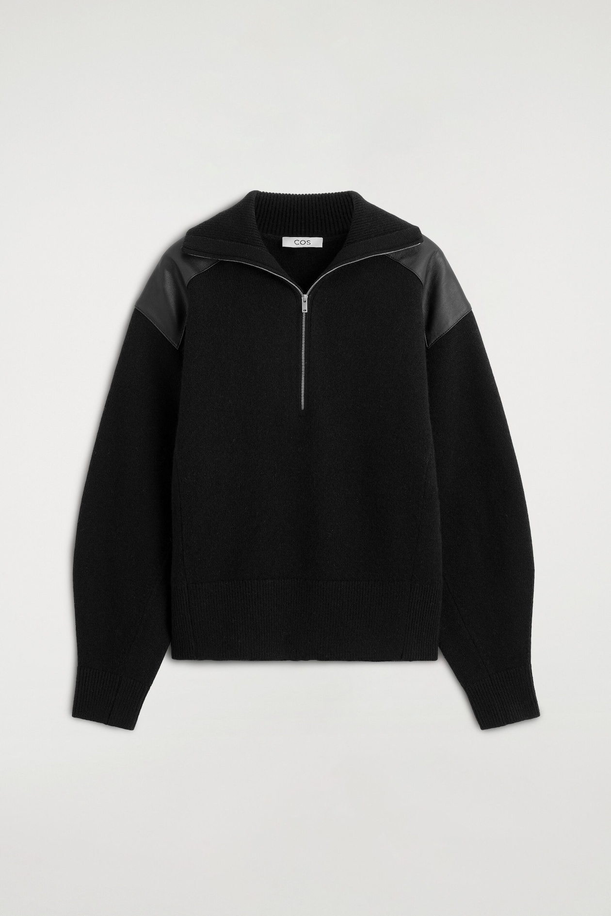 LEATHER-PATCH MERINO WOOL ZIP-UP JUMPER — BLACK