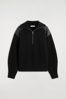LEATHER-PATCH MERINO WOOL ZIP-UP JUMPER — BLACK 9