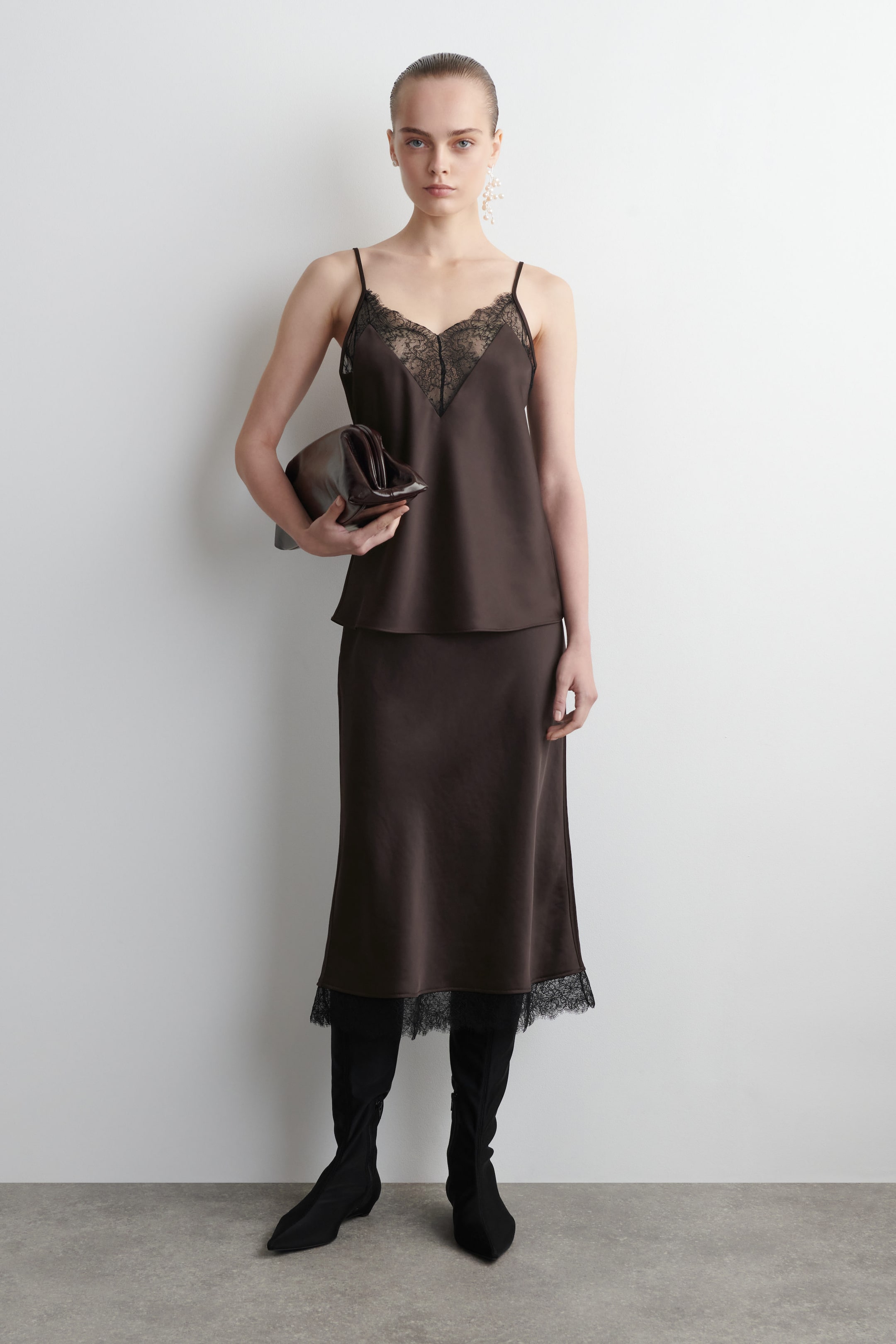 LACE-TRIMMED SATIN MIDI SKIRT
