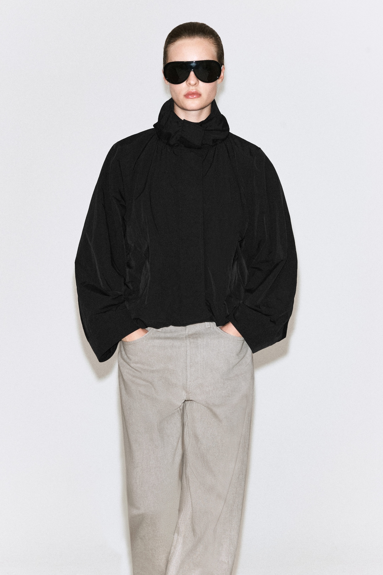 NYLON mock-NECK JACKET — BLACK