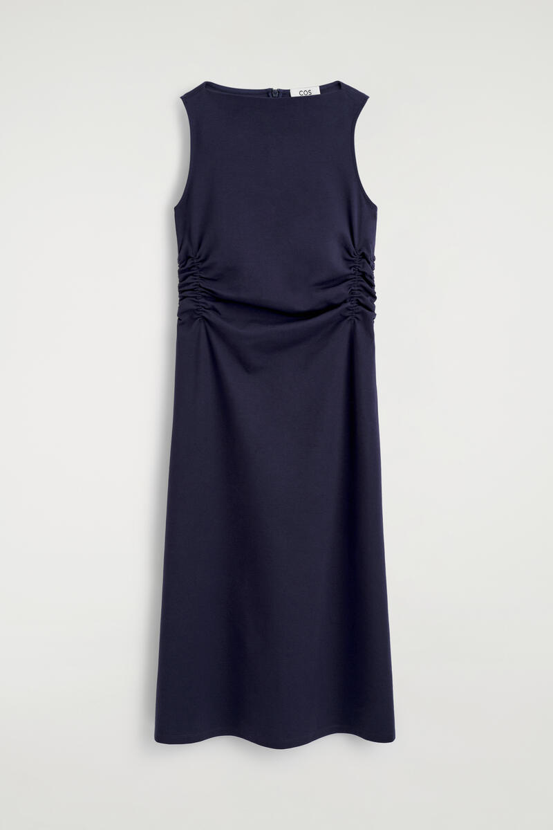 COS Ruched-Waist Cotton-Jersey Midi Dress Navy Women's Small