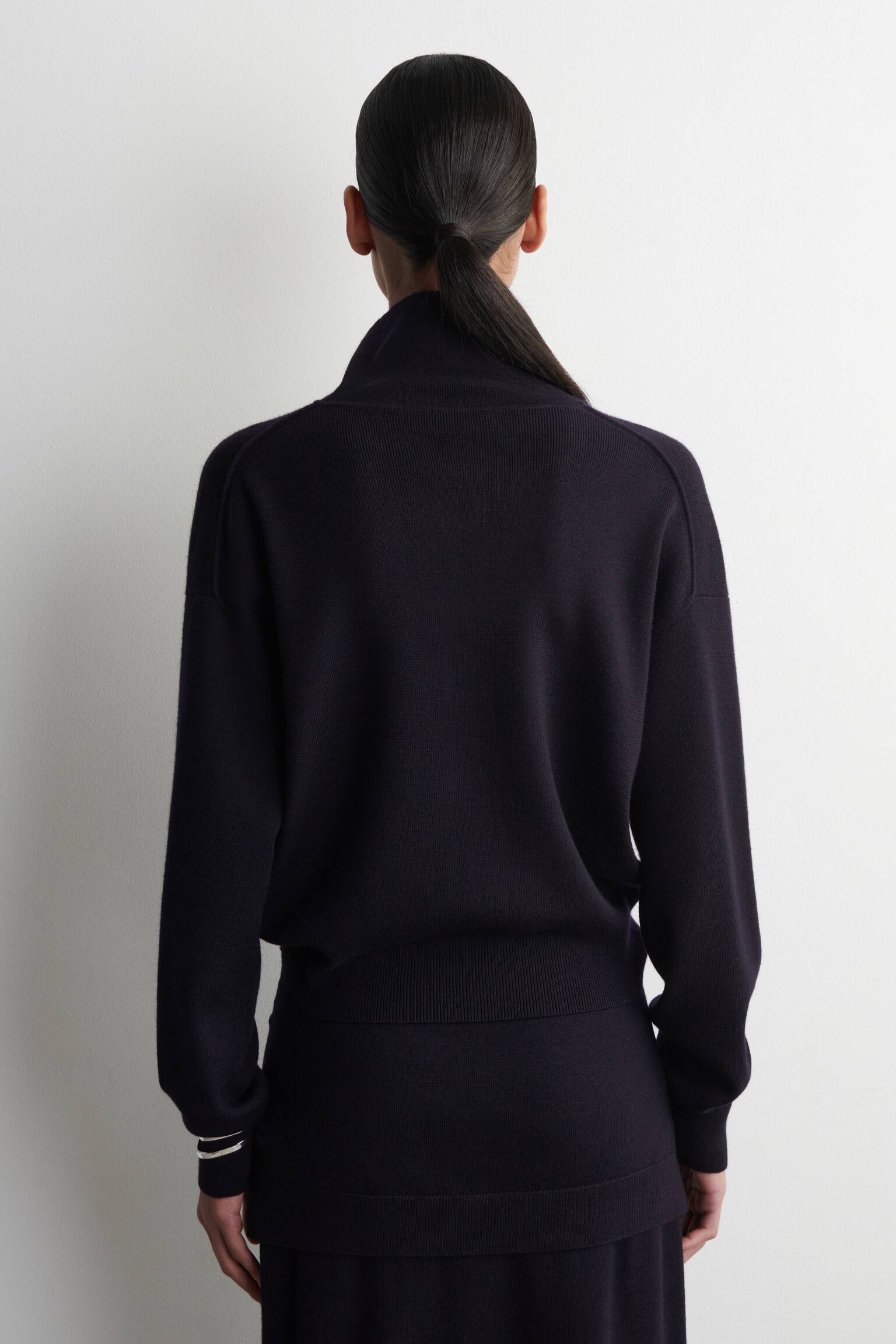 MERINO WOOL FUNNEL-NECK CARDIGAN - NAVY/BEIGE MÉLANGE - 3