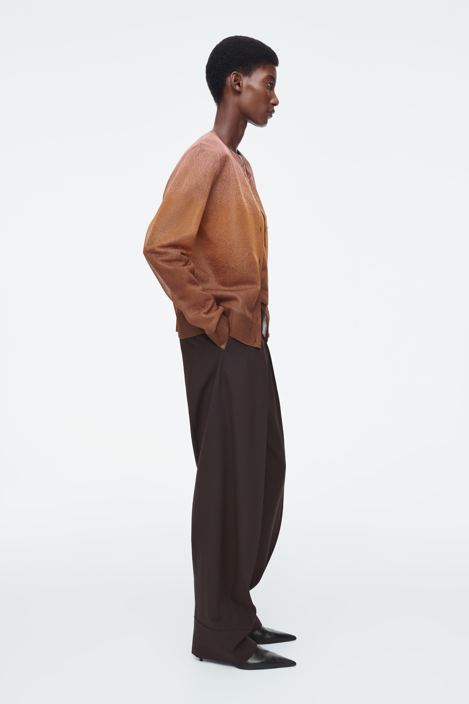 SHEER FINE-KNIT CARDIGAN - BROWN - 3