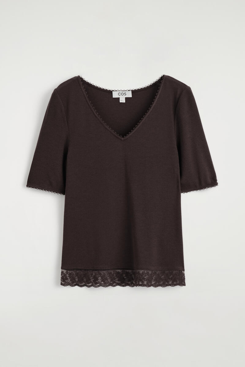Lace-Trimmed Ribbed V-Neck T-Shirt
