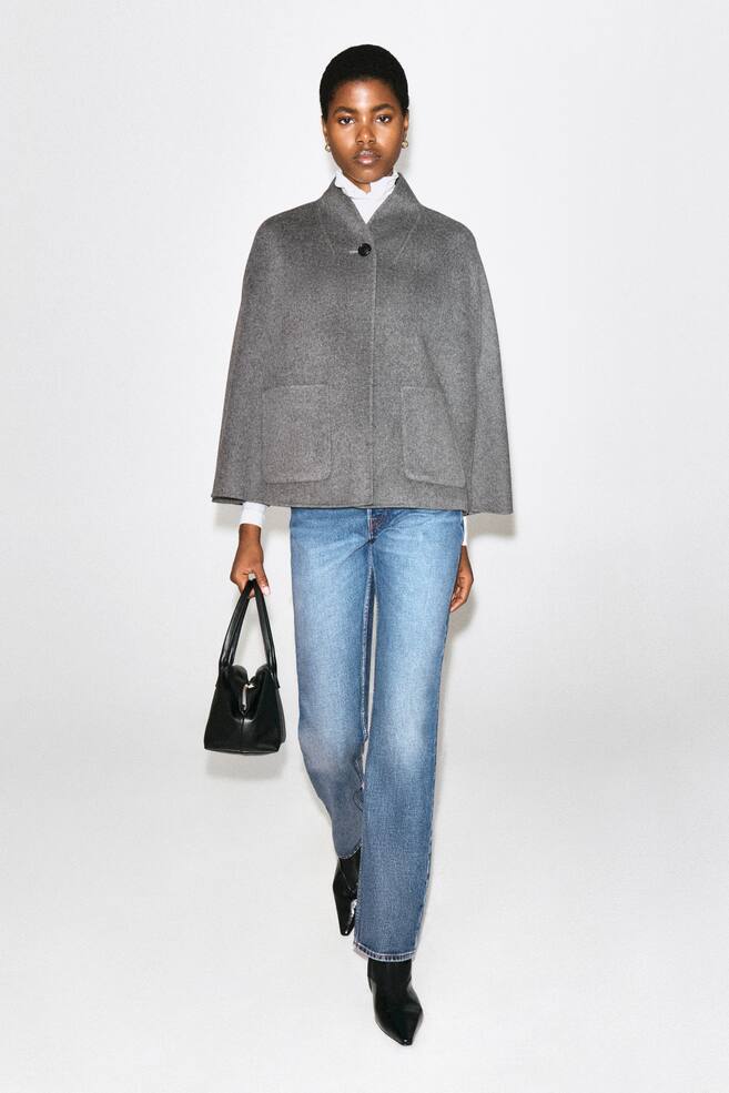 SHAWL-COLLAR DOUBLE-FACED WOOL CAPE - GREY/BROWN - 1