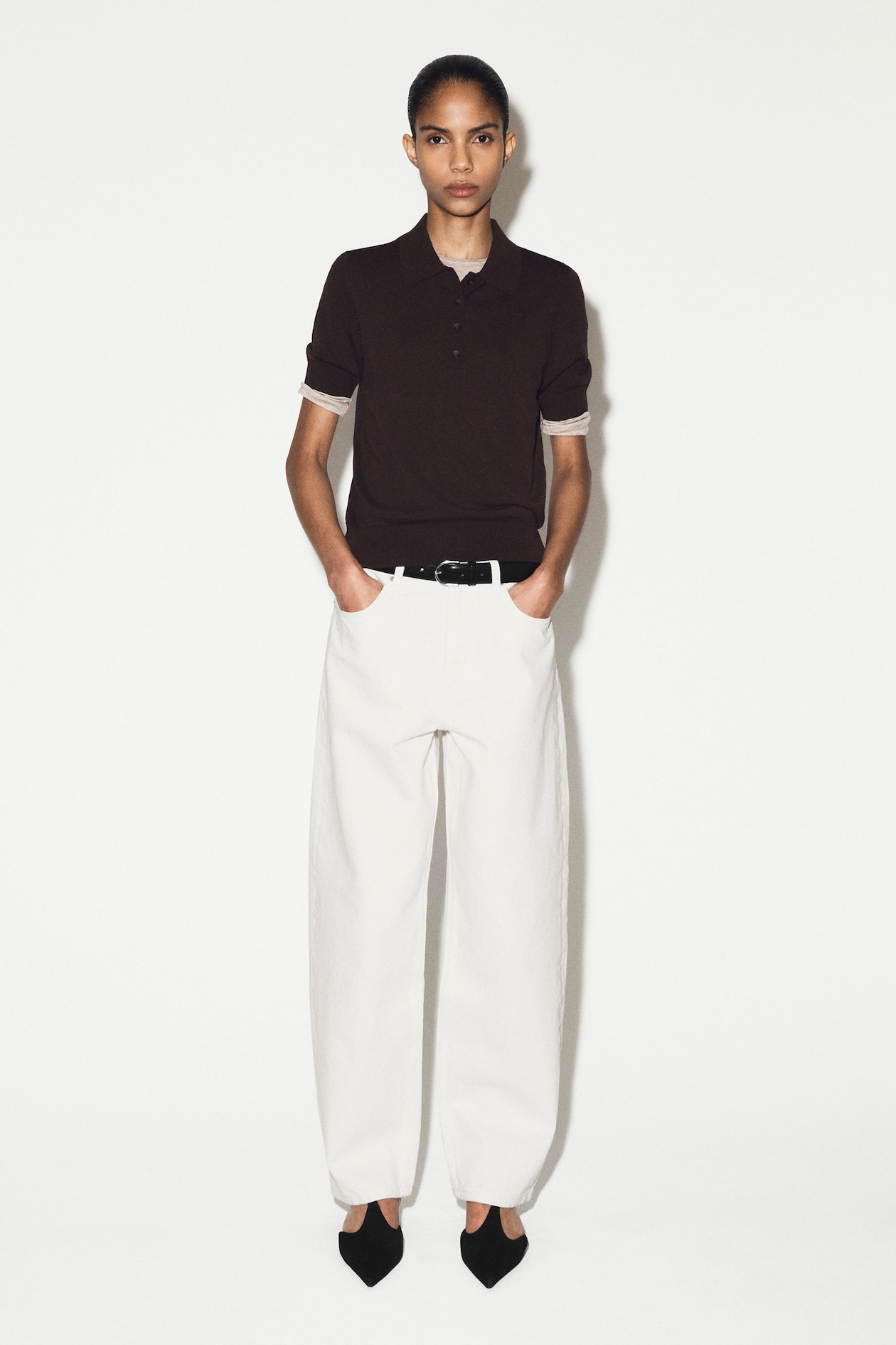 SHRUNKEN WOOL-BLEND POLO SHIRT — DARK BROWN