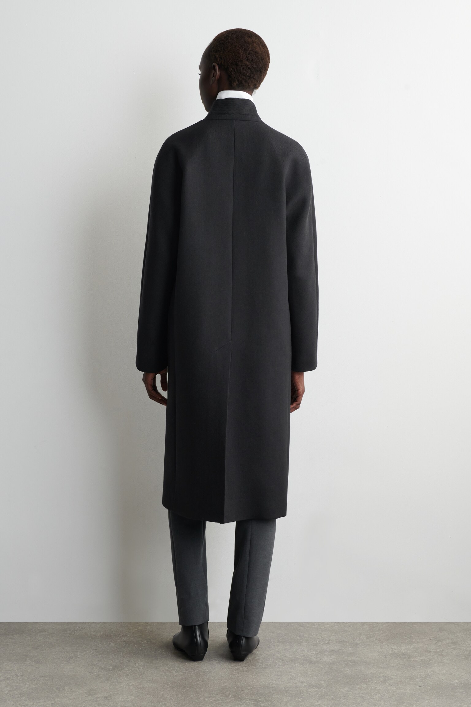 COLLARLESS WOOL-TWILL COAT - DARK GREY - 3