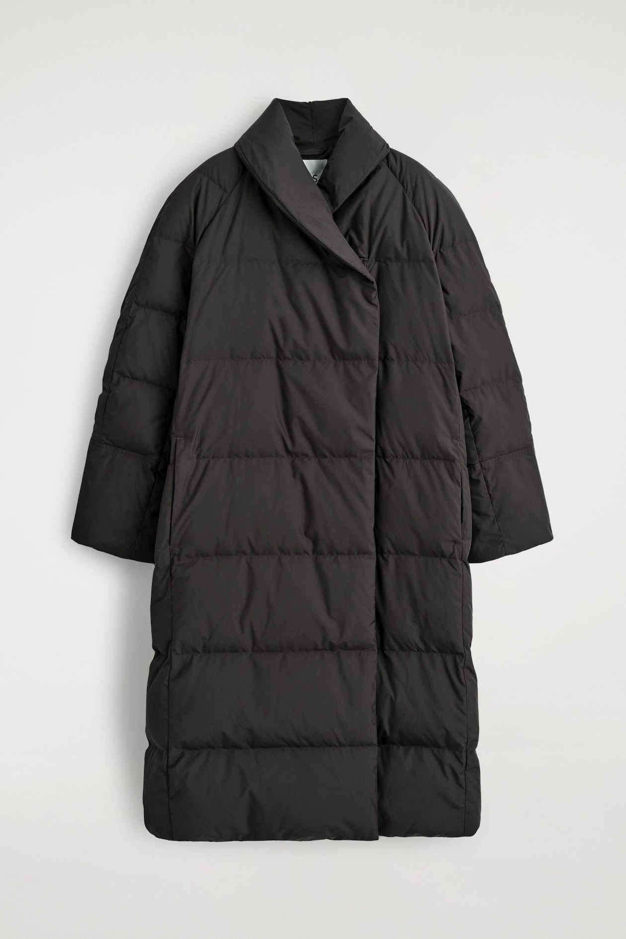 SHAWL-COLLAR QUILTED DOWN LONG COAT — DARK BROWN