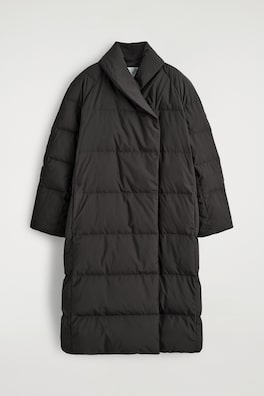 SHAWL-COLLAR QUILTED DOWN LONG COAT — DARK BROWN 2