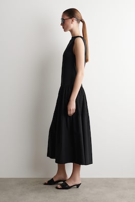 TIERED GATHERED MIDI DRESS — BLACK 2