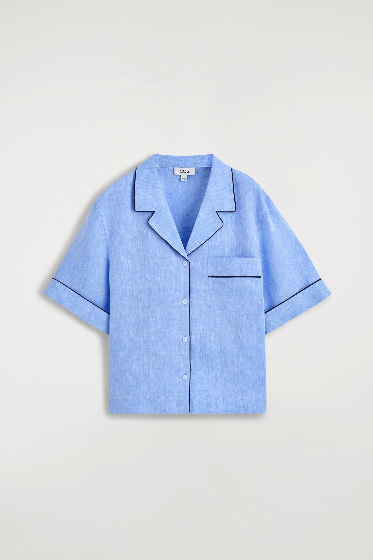 CONTRAST-PIPED LINEN RESORT SHIRT - BLUE MÉLANGE - 1