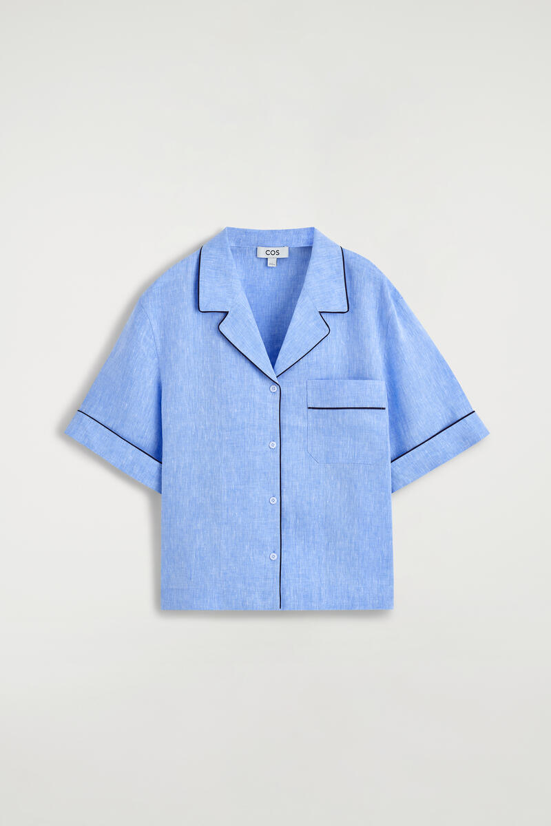 COS Contrast-Piped Linen Resort Shirt In Blue Women's Size 44