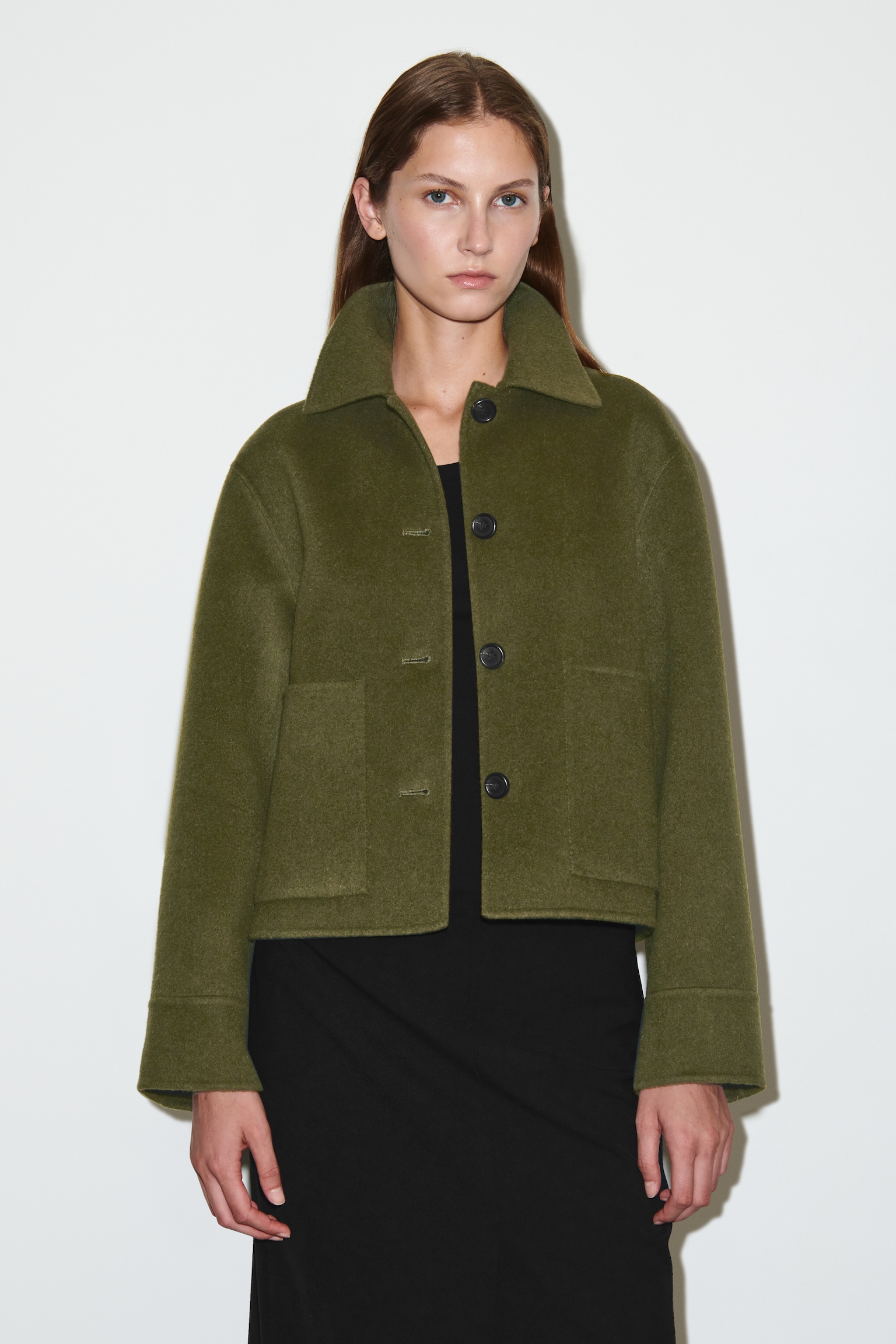 BOXY DOUBLE-FACED WOOL JACKET - KHAKI/BROWN/LIGHT GREY