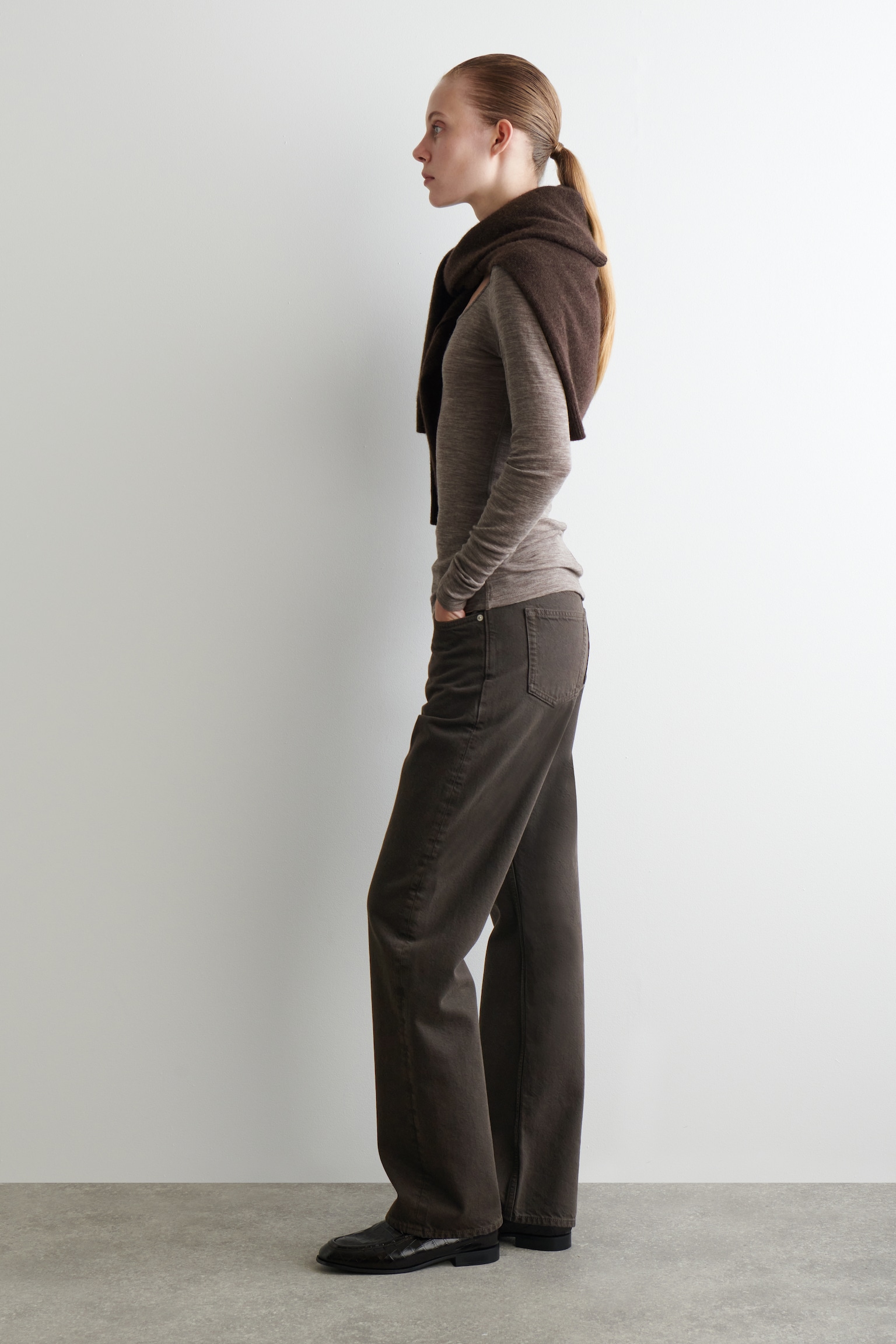 MERINO WOOL SCOOP-NECK TOP - LIGHT-BROWN MÉLANGE/BLACK/GREY MÉLANGE - 5