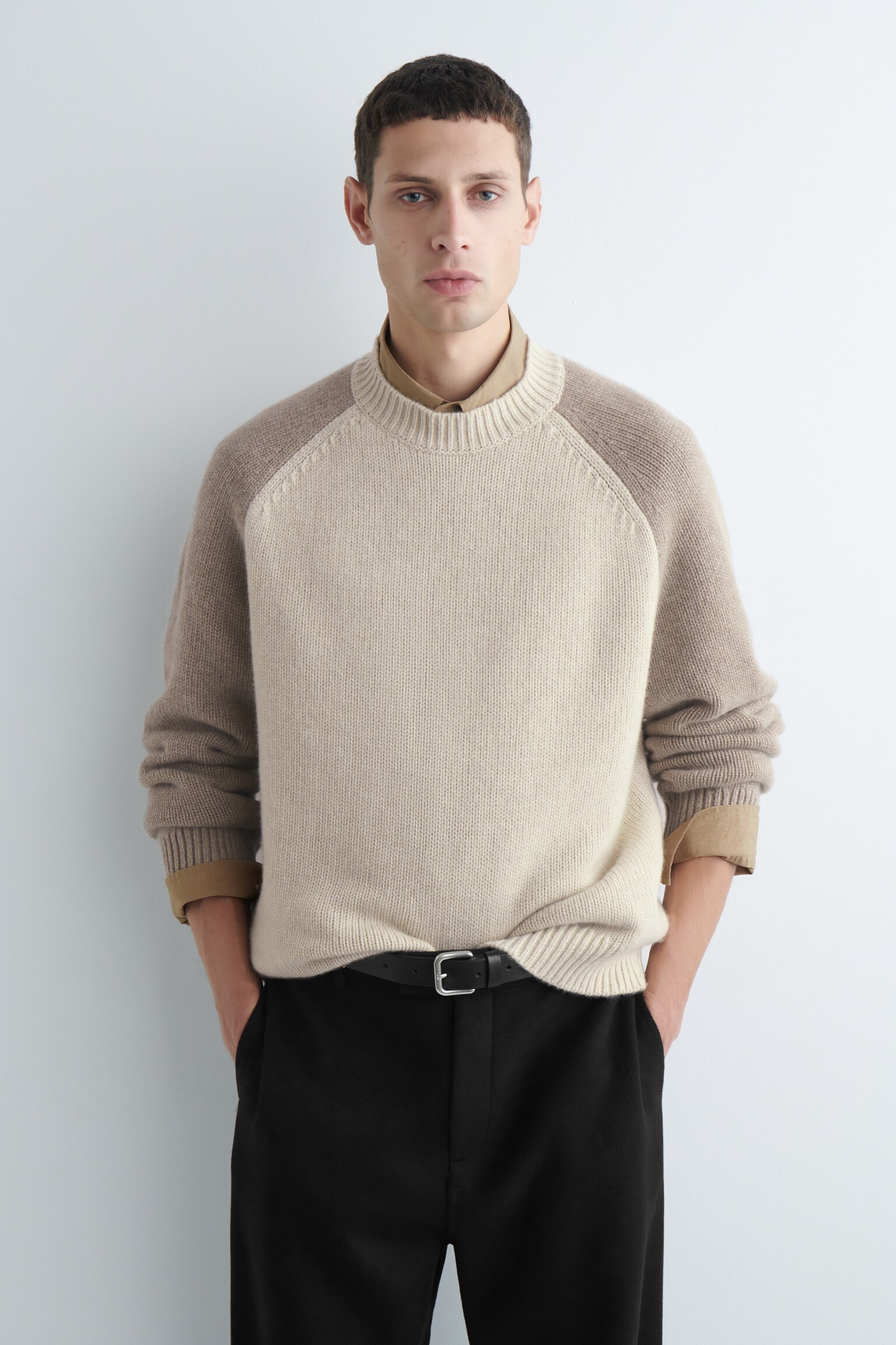 COLOUR-BLOCK CASHMERE JUMPER - BEIGE / TAUPE - 1