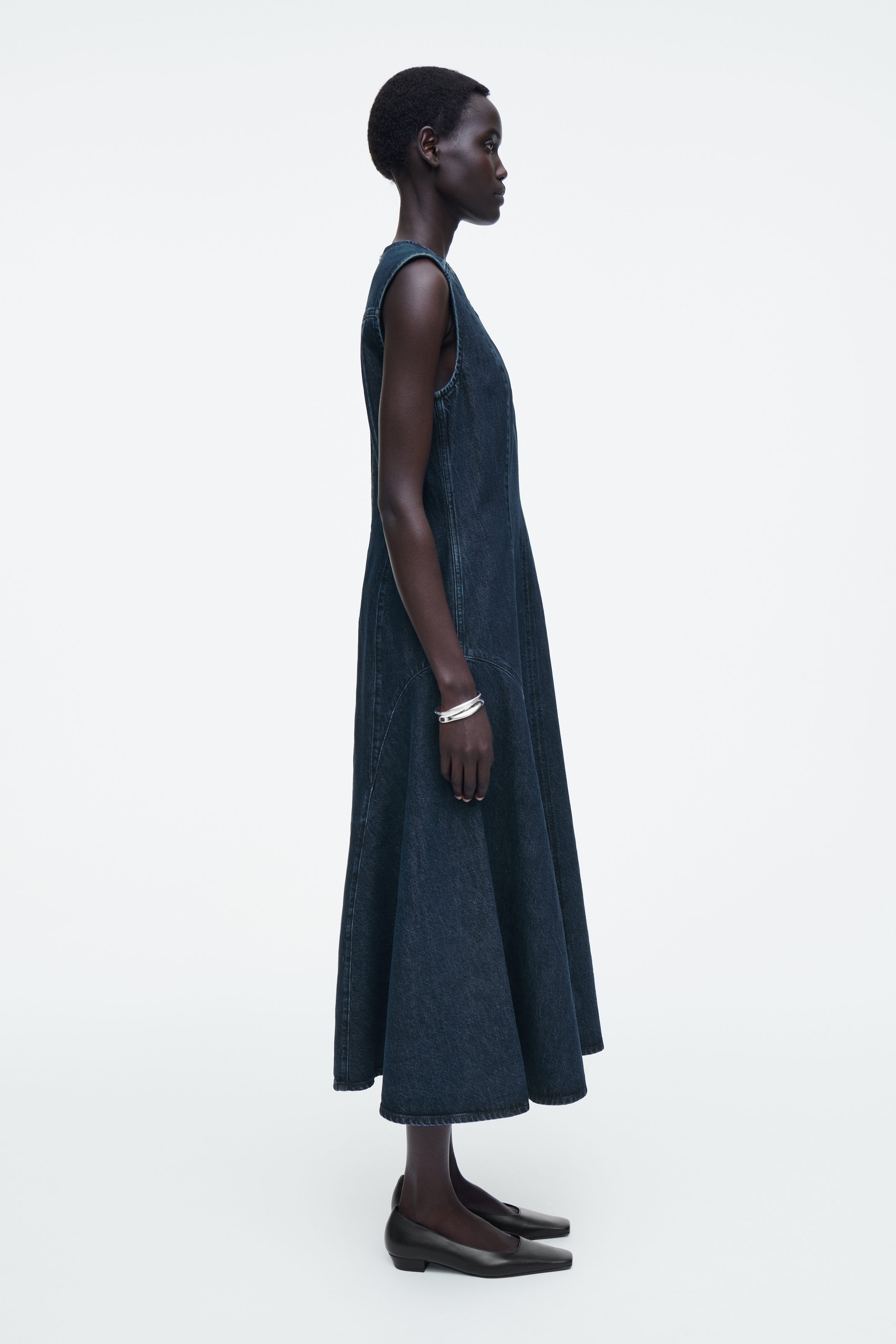 DROPPED-WAIST DENIM MIDI DRESS