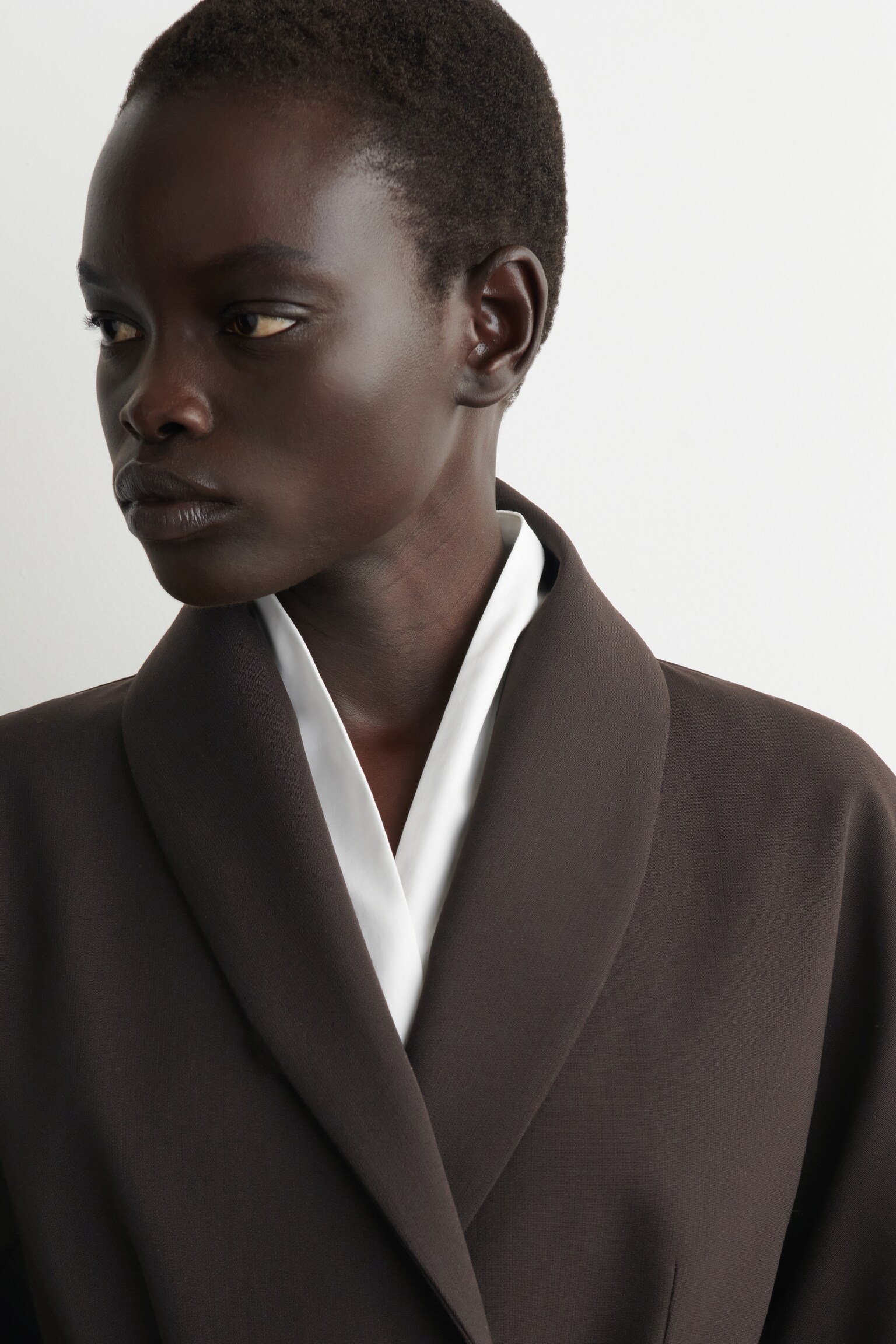 SHAWL-COLLAR COTTON BLOUSE - OFF-WHITE/DARK BROWN - 5