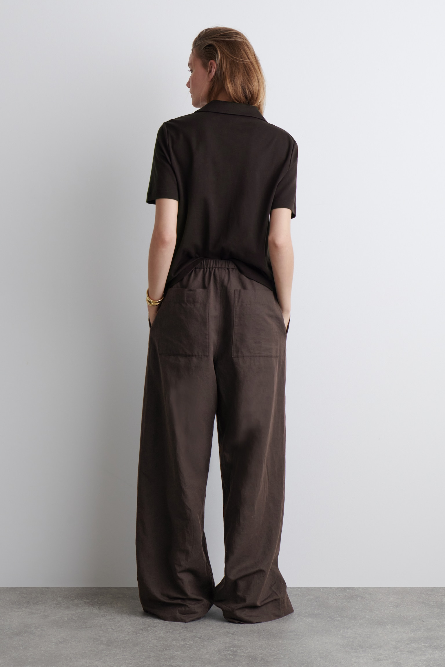 PANTALON LARGE TAILLE AJUSTABLE EN LIN - BRUN FONCÉ/ROSE - 3