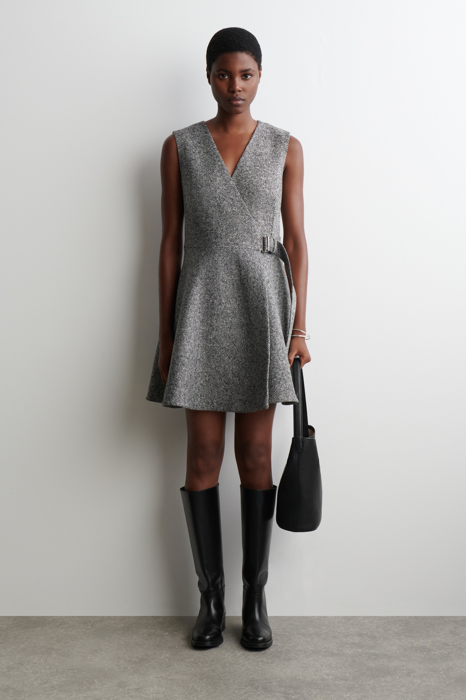 TWEED MINI WRAP DRESS - GREY