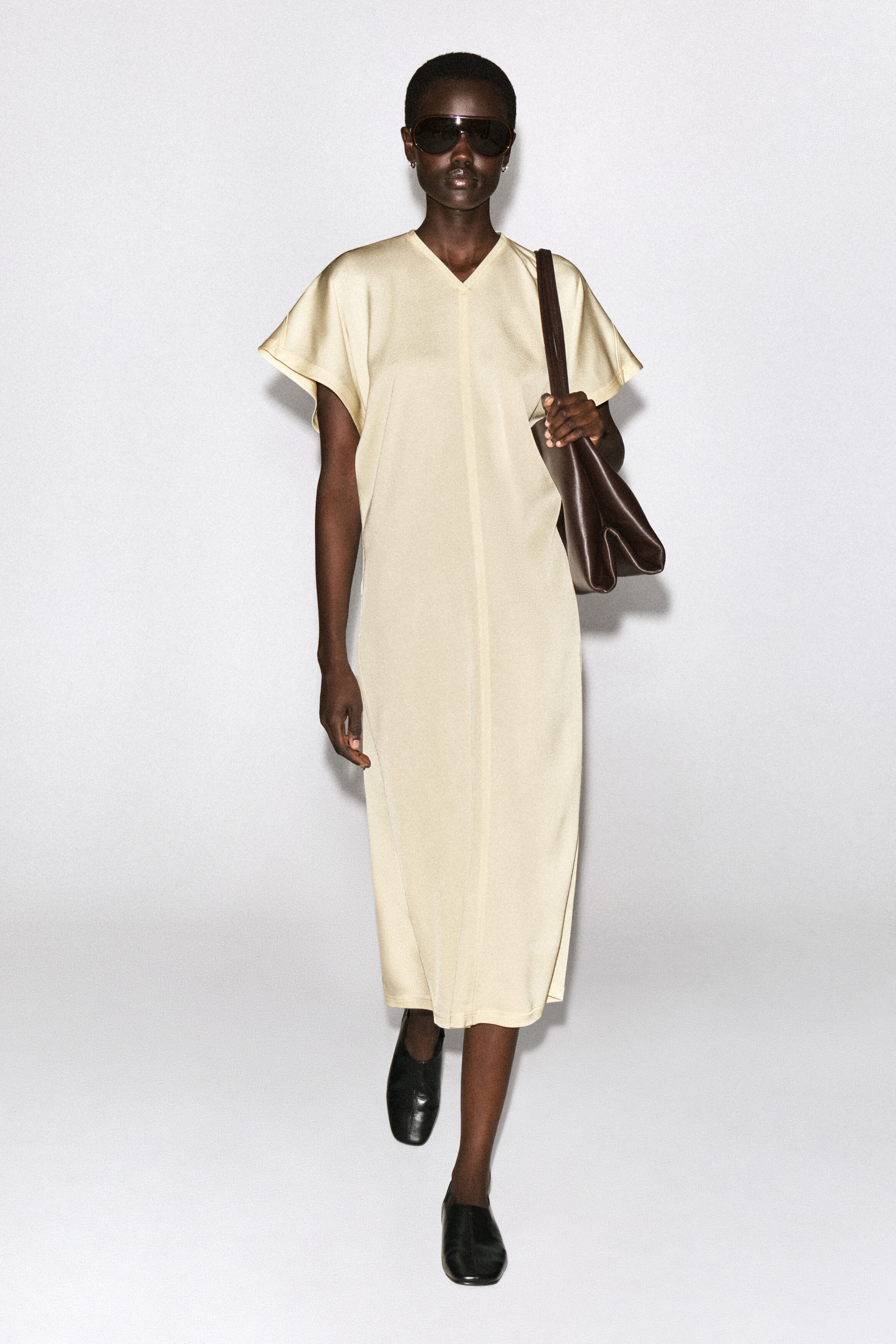 DRAPED V-NECK CREPE MIDI DRESS