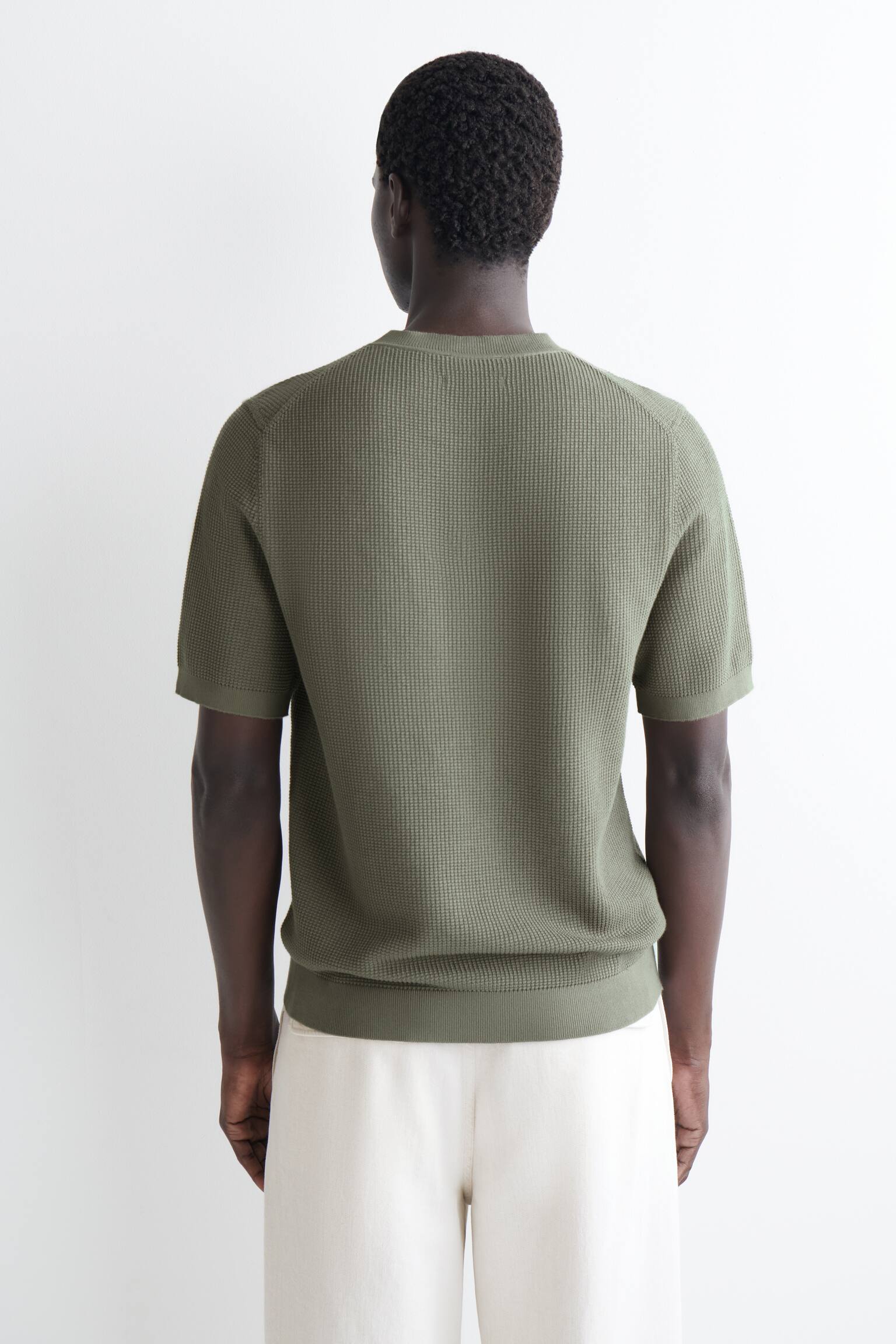 Vohvelineuloksinen puuvillainen t-paita - Khaki/Luonnonvalkoinen - 4