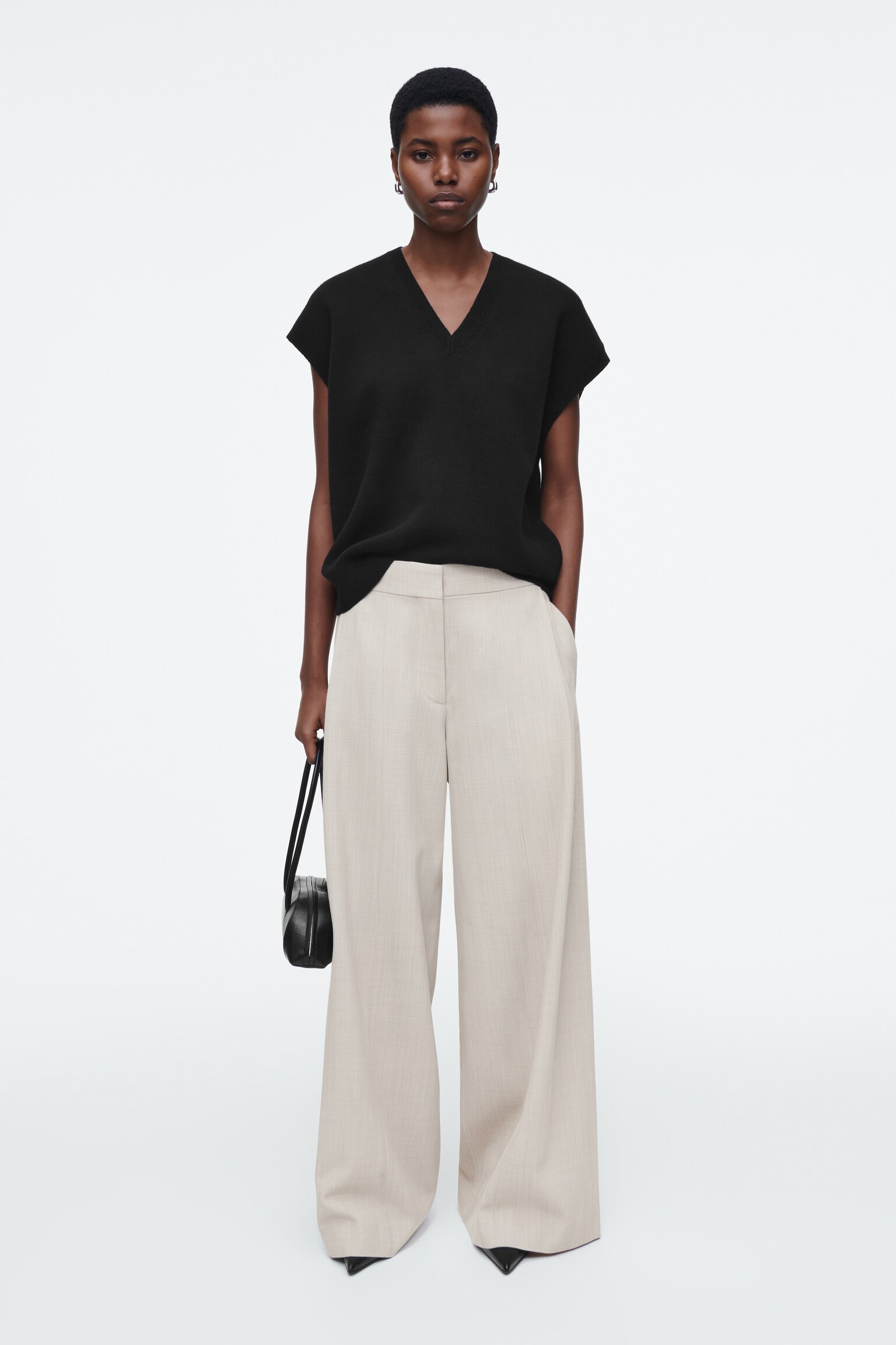 DOUBLE-FACED WOOL V-NECK VEST - BLACK/GREY MÉLANGE - 8