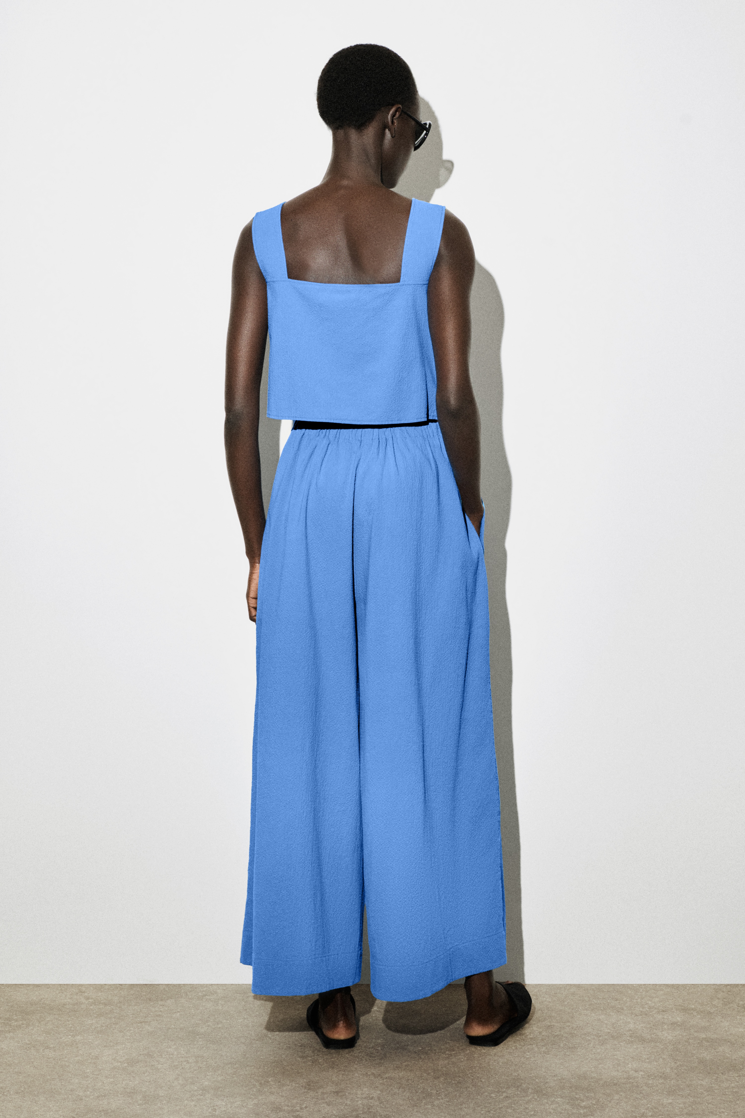 OPEN-BACK SEERSUCKER WIDE-LEG JUMPSUIT
