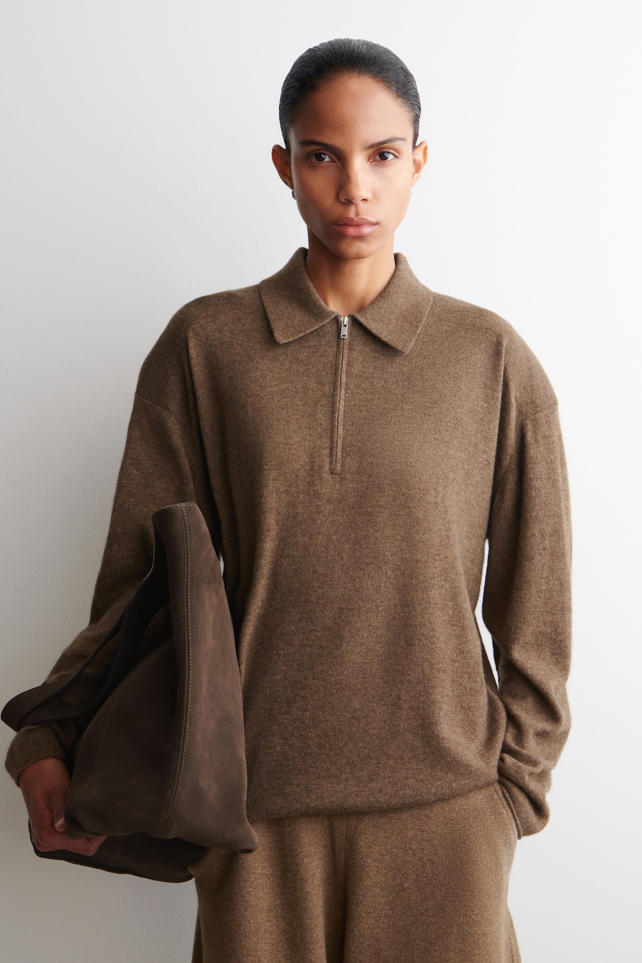 MERINO WOOL-YAK ZIP-UP POLO SHIRT — BROWN MÉLANGE