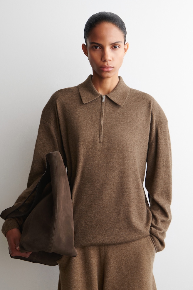MERINO WOOL-YAK ZIP-UP POLO SHIRT — BROWN MÉLANGE