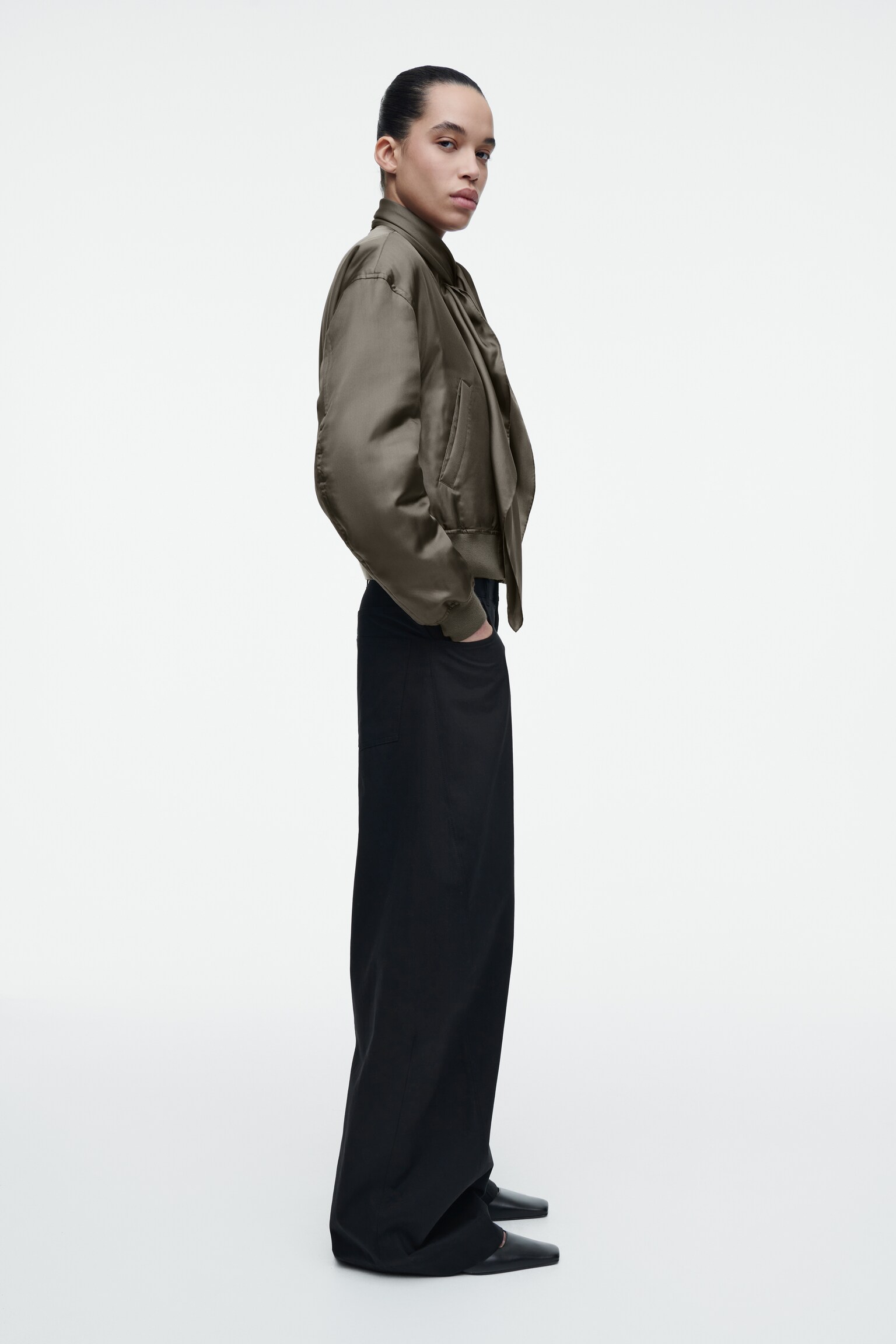 SCARF-DETAIL PADDED SILK BOMBER JACKET - BRONZE - 6