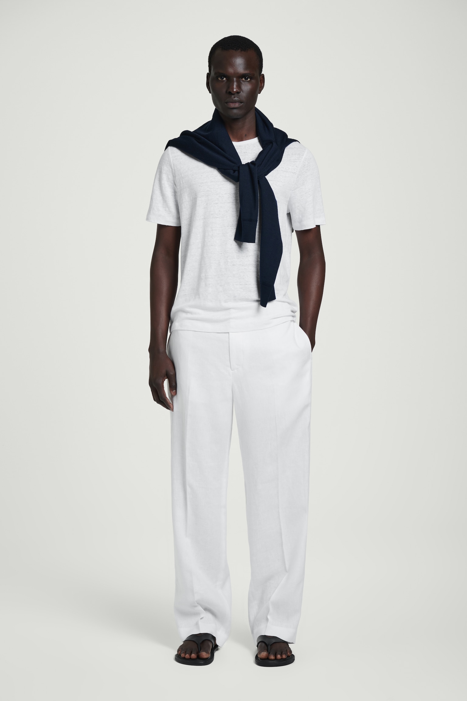ELASTICATED LINEN STRAIGHT-LEG TROUSERS - WHITE/NAVY/BLACK/BROWN