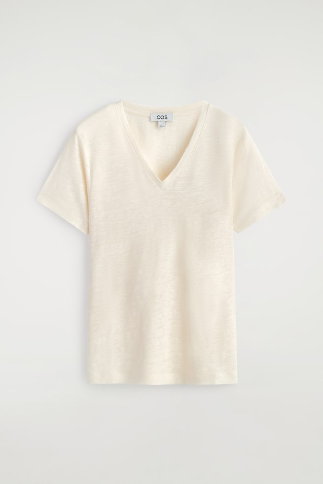 T-SHIRT AUS LEINEN MIT V-AUSSCHNITT - ELFENBEIN/SCHWARZ/BRAUN/WEISS /GESTREIFT/PINK MELIERT - 1