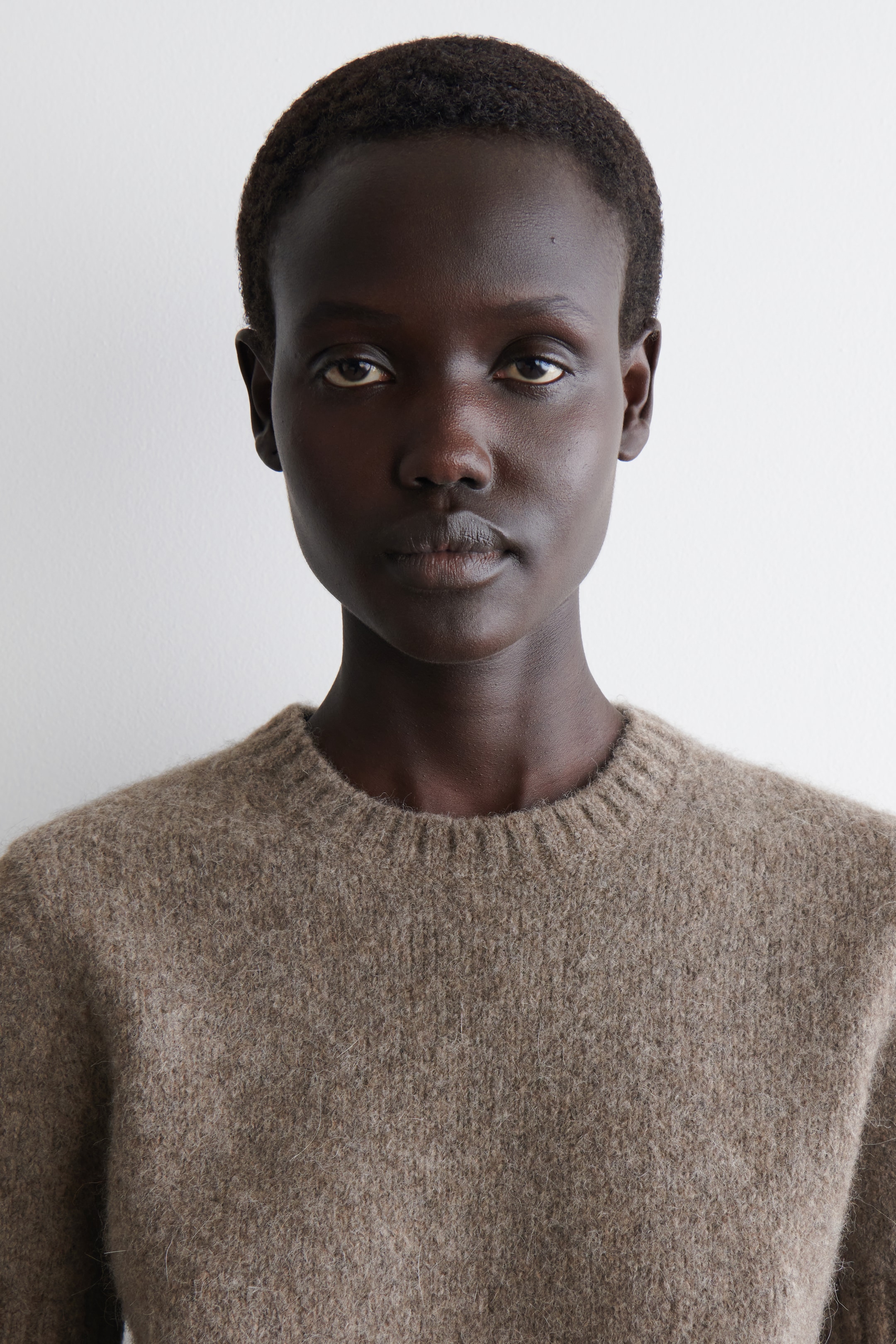 Agrandir l'image: Un pull à col rond brun chiné est présenté de face, avec un col côtelé et une texture tricotée duveteuse visible.