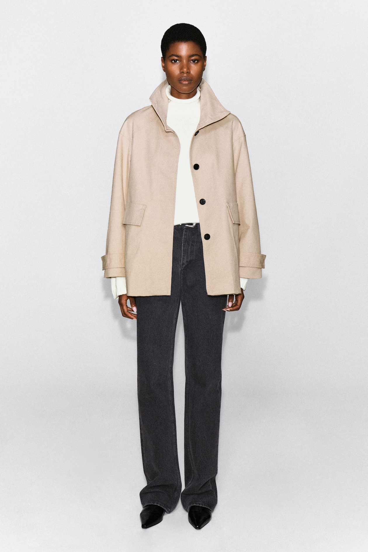 COTTON-TWILL MOCK-NECK JACKET — LIGHT BEIGE